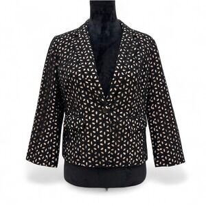 Ann Taylor Black Beige Eyelet Blazer Button Front Business Casual Women 8 Petite